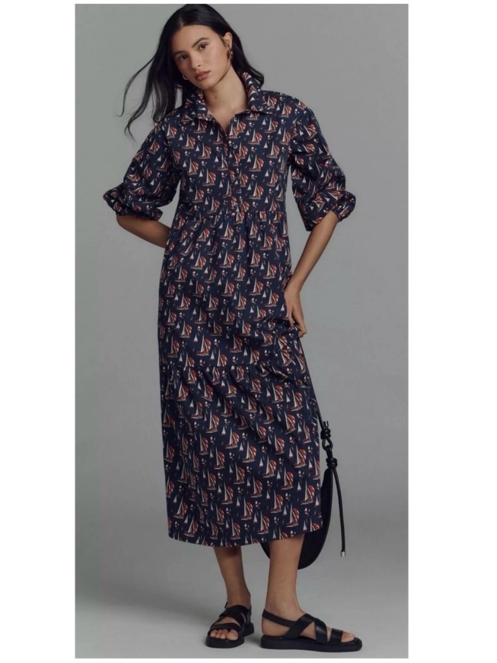 Anthropologie Maeve The Bettina Tiered Midi Dress Sailboat Print NWT